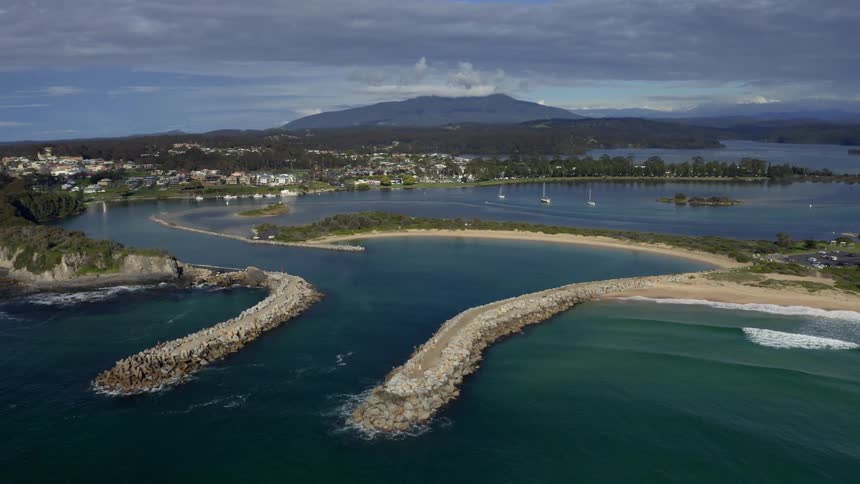 Aerial view of wagonga head and wagonga inlet in narooma