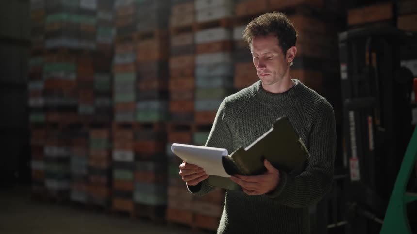 A man in a warehouse checking through the stocks