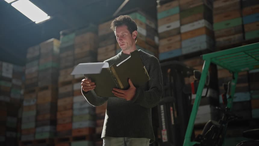 Man with gray sweater looks down at folder near forklift at warehouse