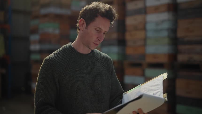 A man reads a report in a warehouse