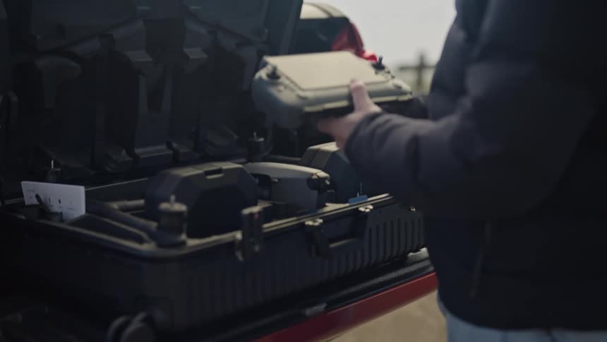 Man unpacks drone controller from case on bed of truck parked near water