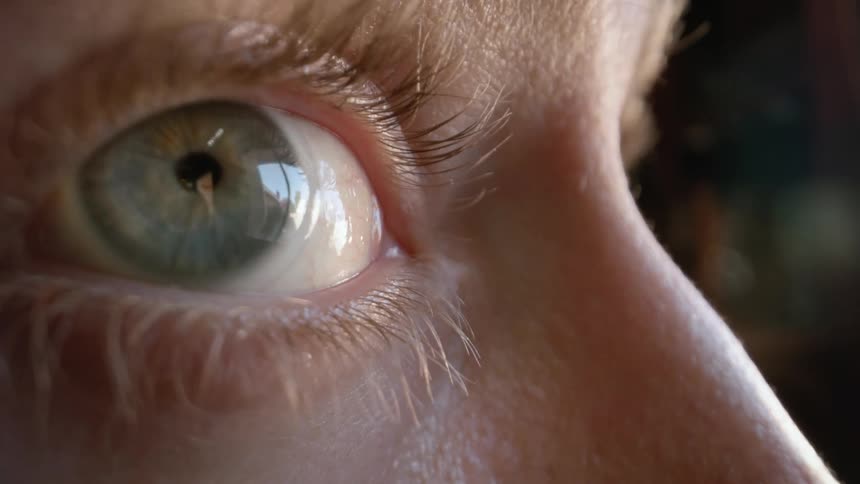 A mans eye moving side to side and its iris illuminated by the sun