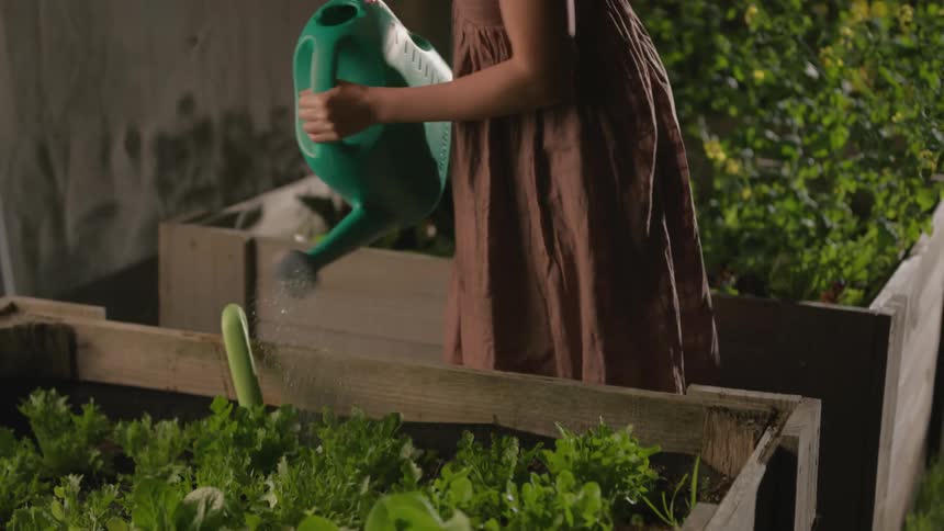 Woman waters her plants in a greenhouse with a watering can