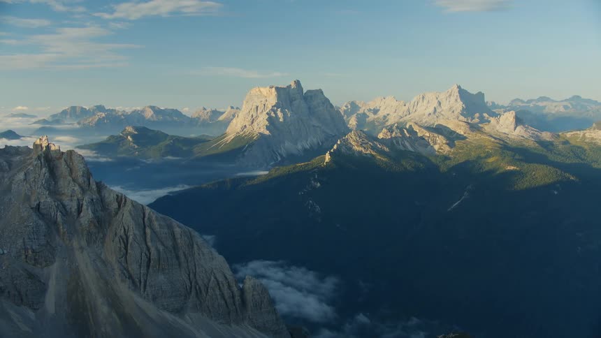 Aerial of wild mountains with Monte Pelmo in the far distance