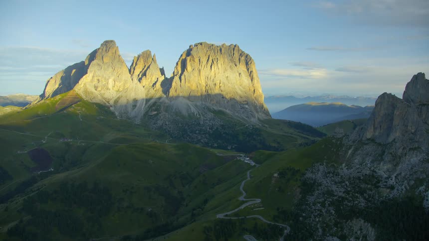 The Langkofel mountain with Passo Sella mountain in morning light