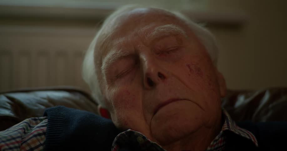 An elderly man with white hair is sleeping on a sofa