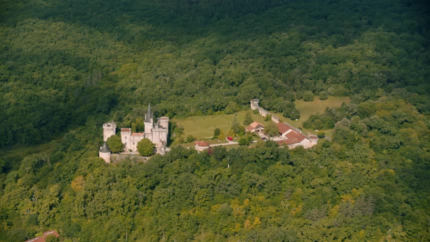 An aerial view of a residential area surrounded by a forest