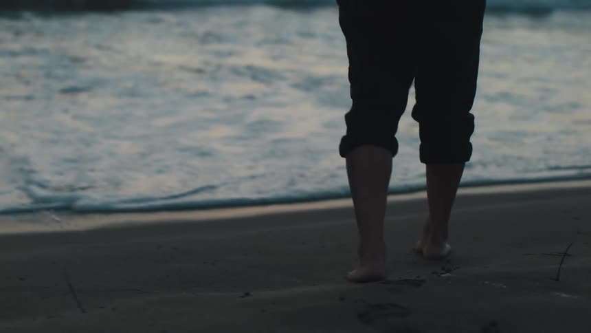 A person walking on the beach at sunset