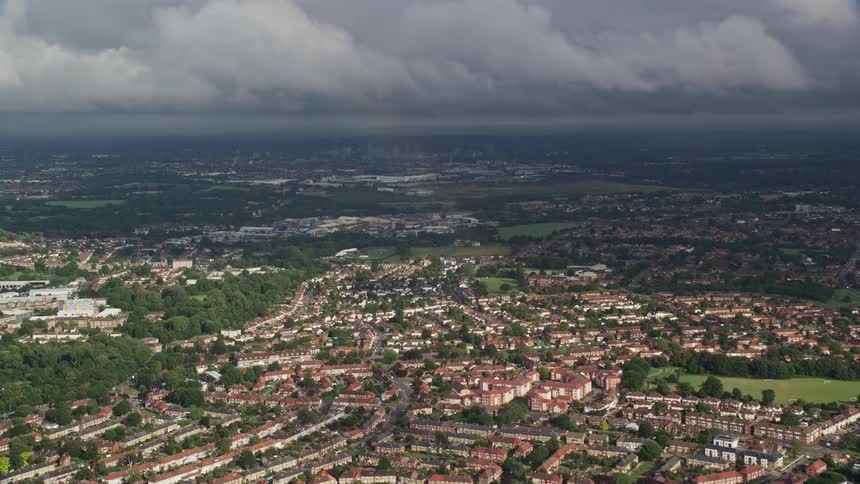 Heavy clouds are over the suburbs