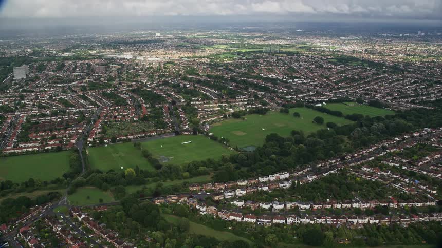 The landscape is covered with homes
