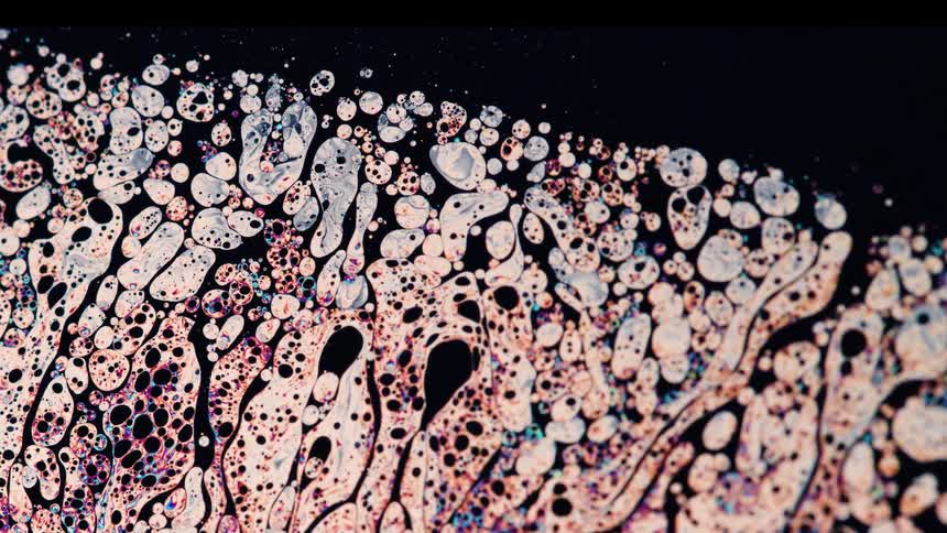 An abstract of bubbles and ribbons of white swirling and flowing on black