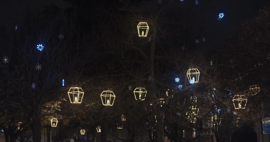 Lights decorations with candles hanging from a tree outdoors in a city during night time