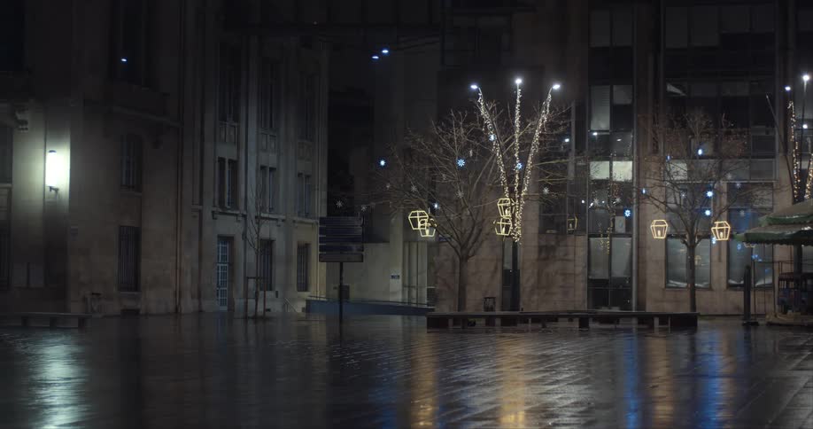 External view of a city with wet pavement at night and lampposts decorated with lights