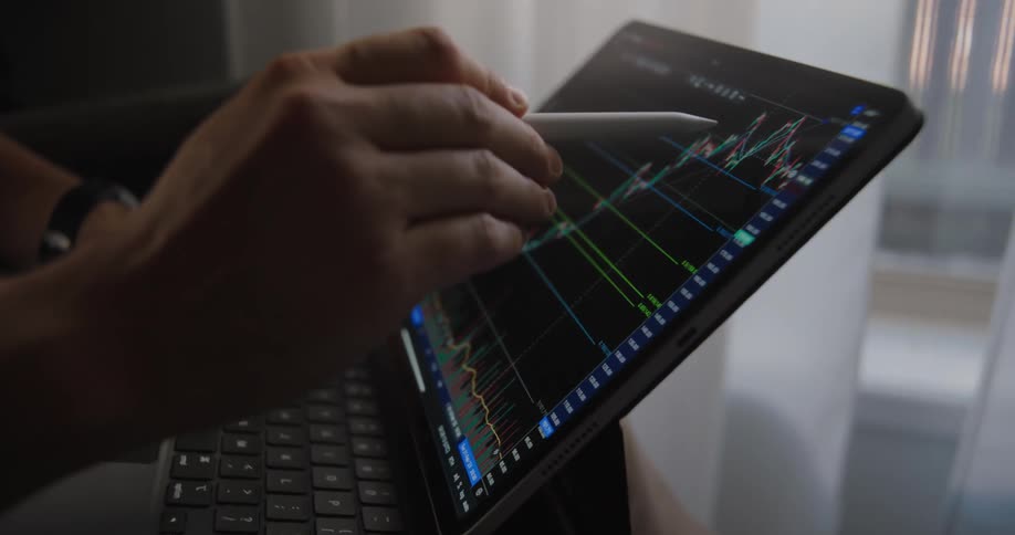 A person analyzes a graph on a laptop next to a window