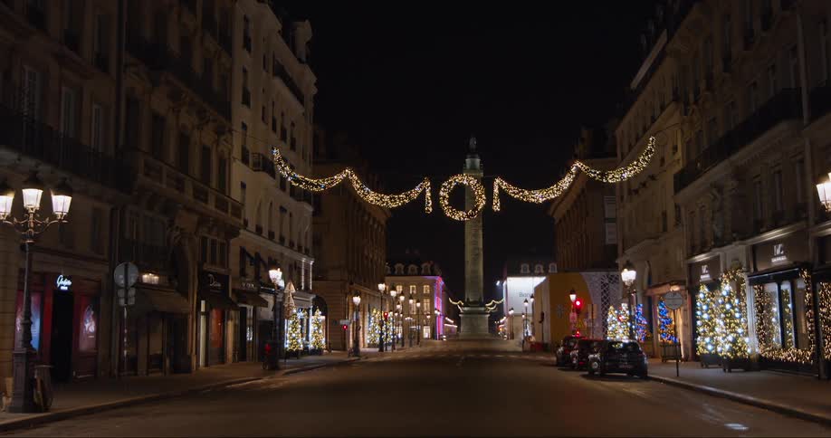 The city is decorated with holiday lights