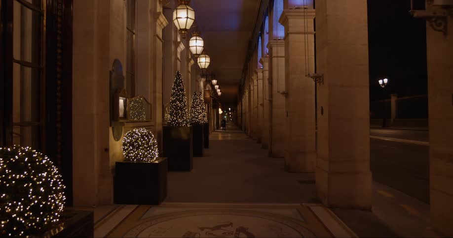 Person stands silhouetted on long portico decorated for christmas at night