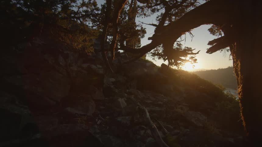 The sun is setting behind this hill with trees on it