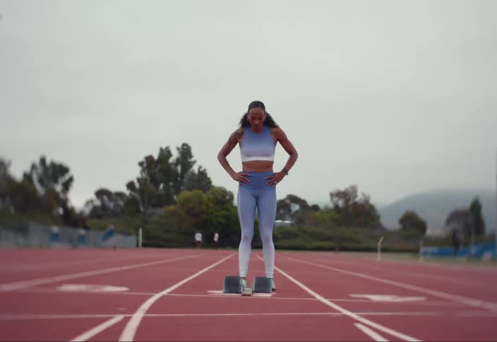 An athlete gets ready to run on the track