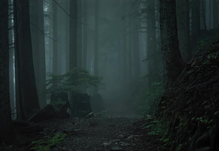 A forest path weaves through the thick fog in the day