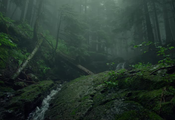 A stream flows in a canyon as it runs through a foggy forest