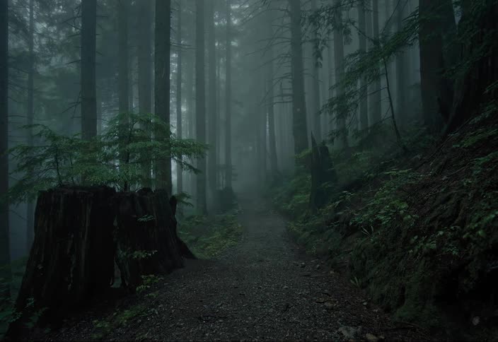 A trail in a dark dense forest on a foggy day