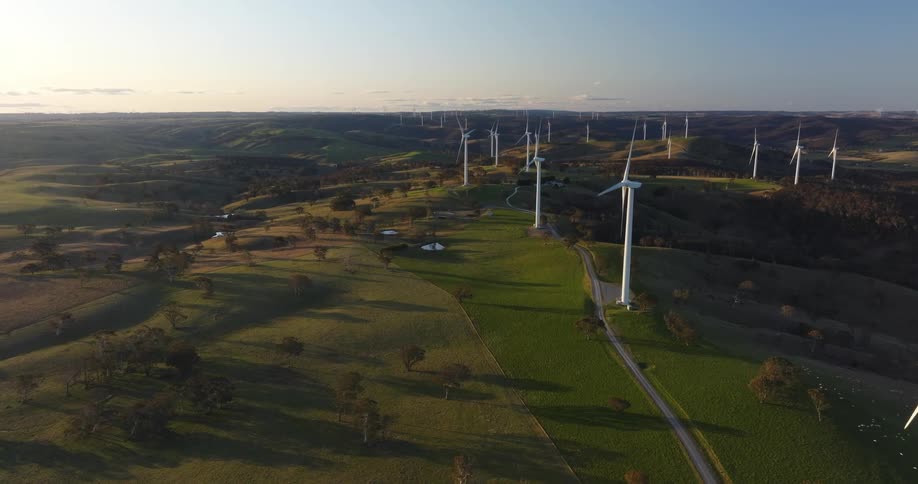 Aerial of wind turbines on wind farm