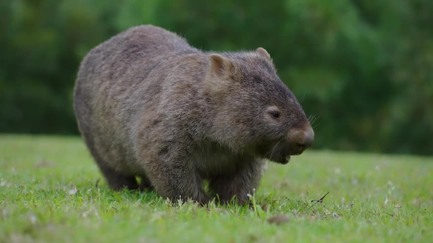 Wombat eating grass on the field at midday