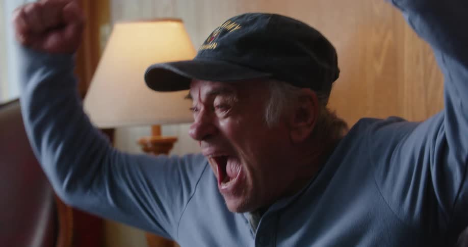 Elderly person sitting on the sofa celebrating enthusiastically with arms raised and a joyful smile