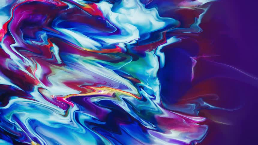 Multicolored mixture flows across solid colored background