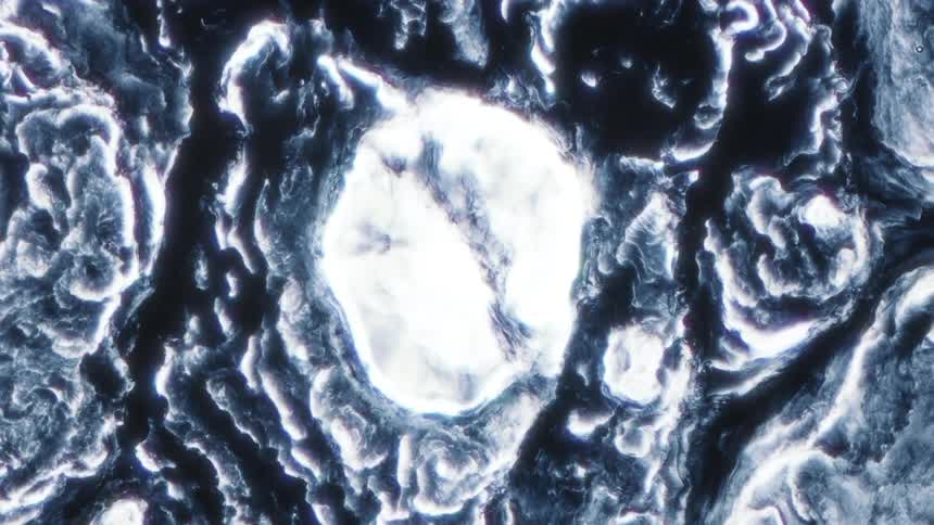 Large white mass expands in center of lumpy sections separated by crevices