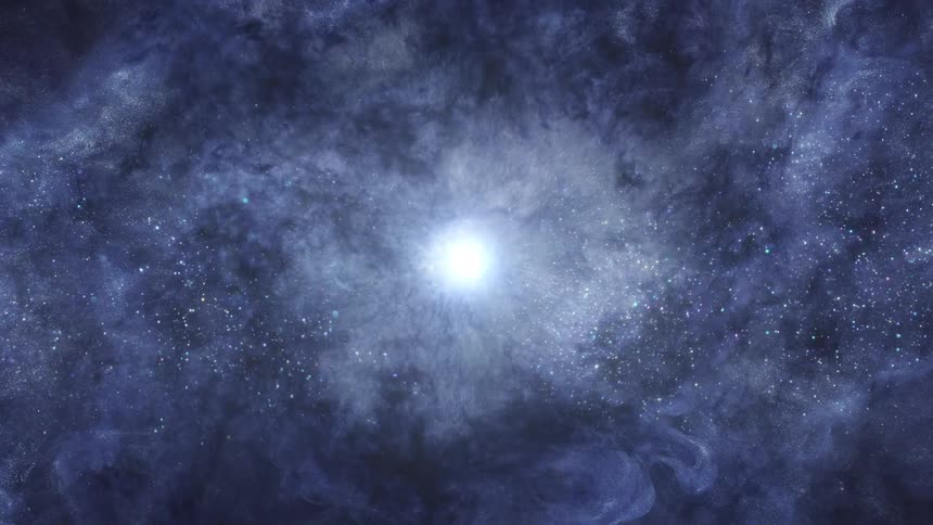 Pale gases expand outward from bright glowing core in white speckled dark space