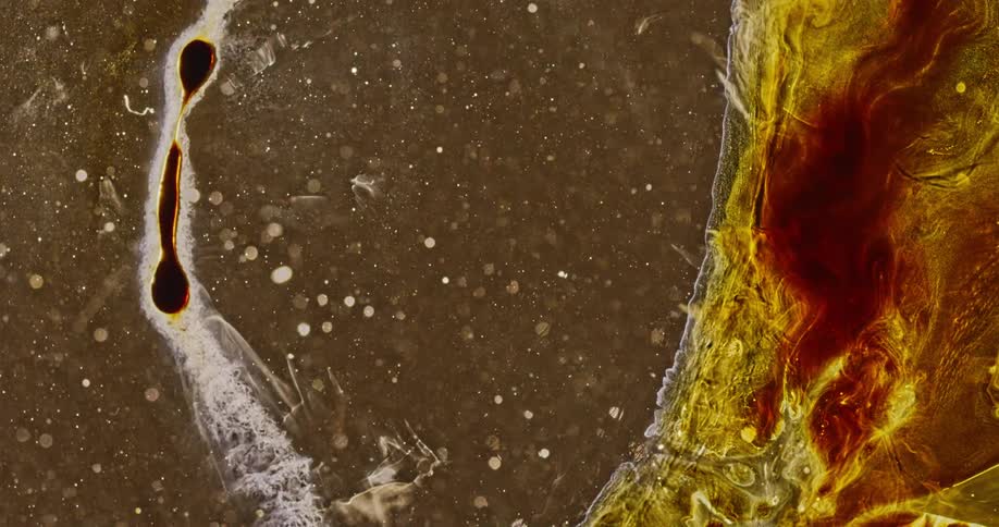Chaotic strands of red and yellow liquid ink splashing