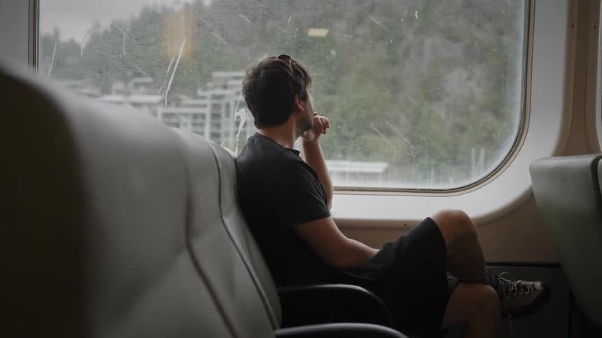 A man sitting inside a bus and staring out to the city through the window