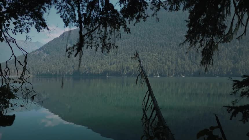 Landscape of a lake with mountains and forests along the shore