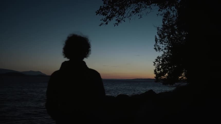 The silhouette of a person standing on a coastline overlooking the ocean at dusk