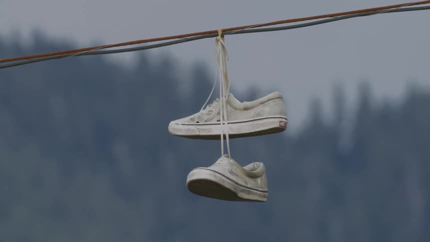 A white sneakers hanging on a wire with blur trees behind in the background