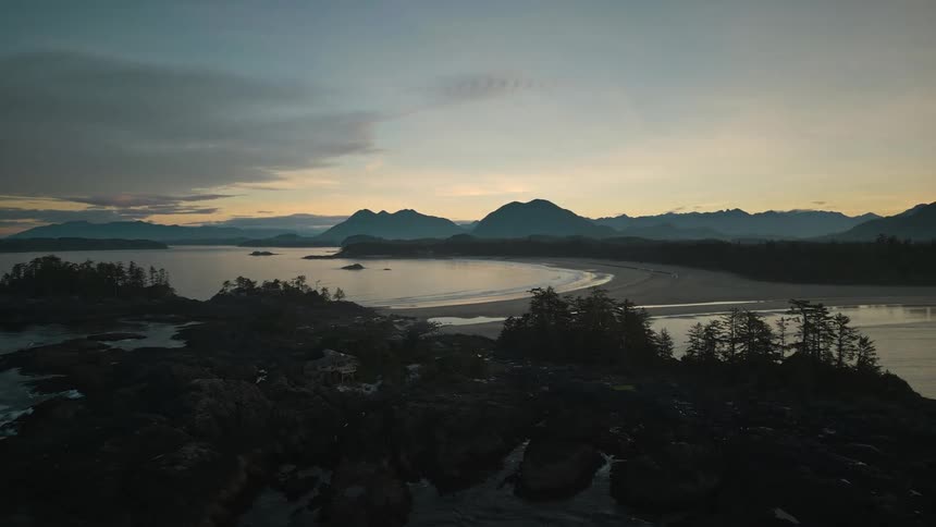 Seascape with mountains at dawn