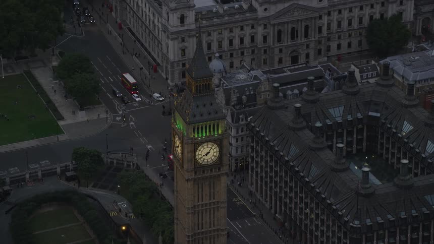 Pedestrians and vehicles move through urban landscape surrounding big ben