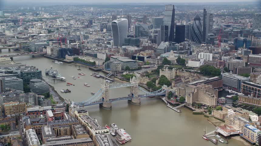 Aerial view of a metropolis on the edge of a river