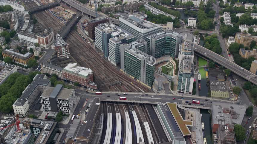 A railway terminal in the middle of a city