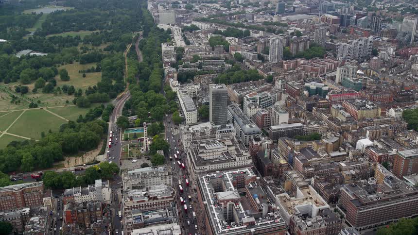 Aerial of urban city center with cloudy day
