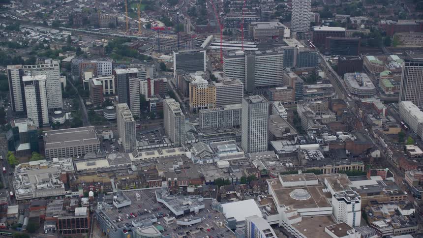Aerial view of tall buildings in downtown area