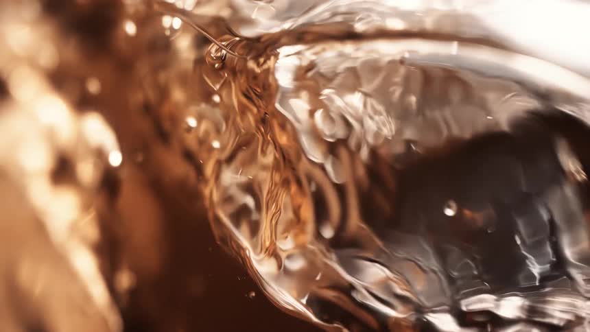Bubbles form in amber beverage as glass is filled