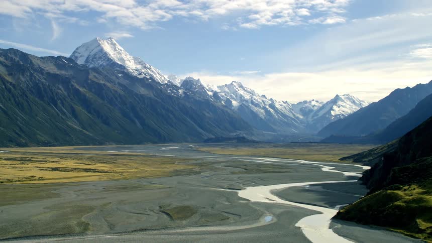 River winds through valley between mountain ranges