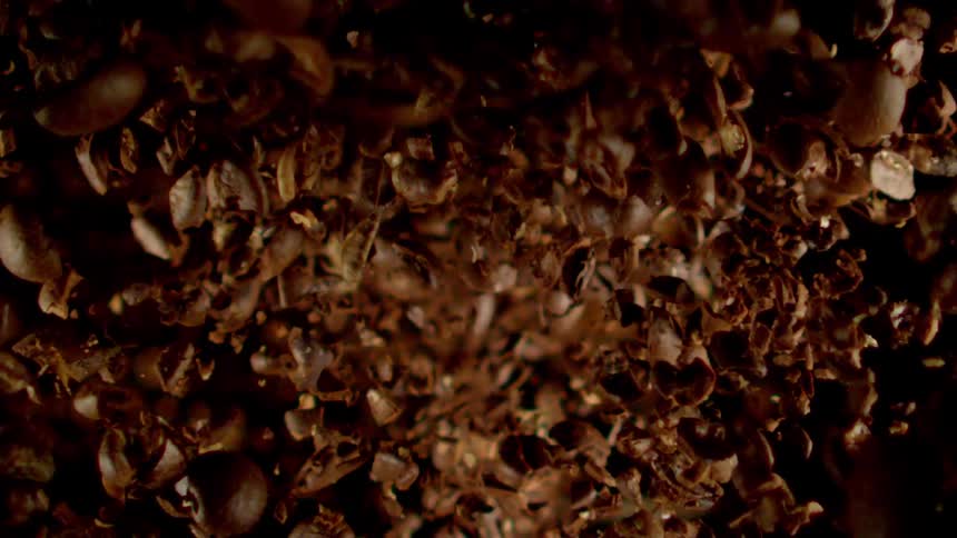 Several coffee beans falling into a pile