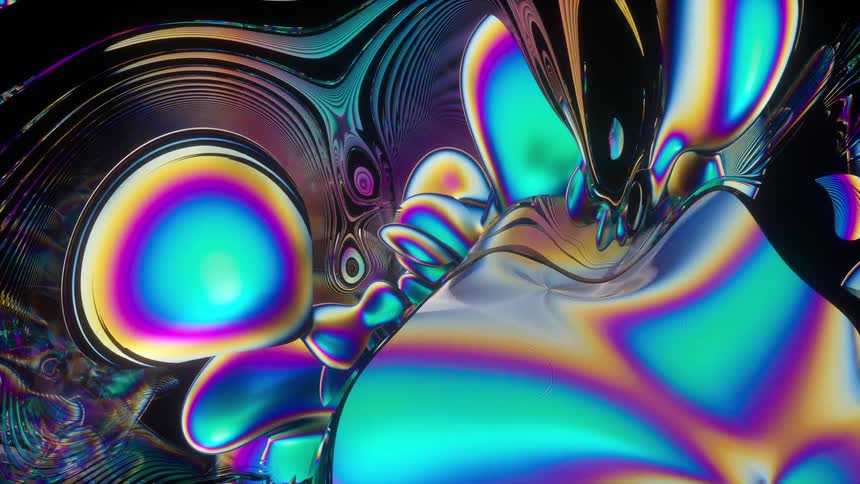 Smoothly moving 3D psychedelic holographic fractal reflecting colors