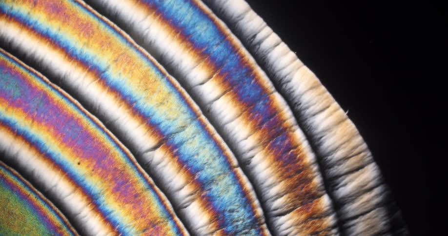 Microscope view of growing liquid crystals on black background