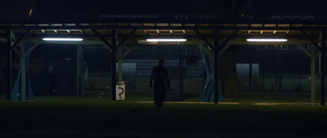 A person walking in a grassy field at night
