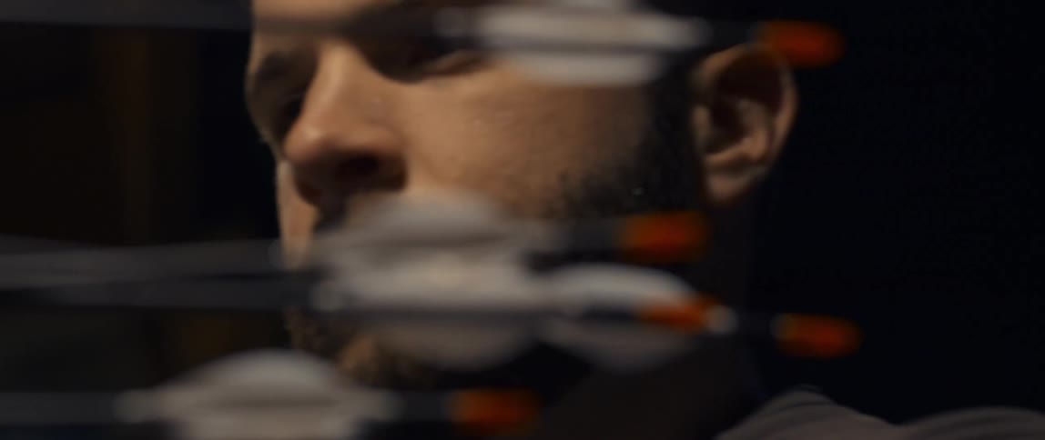 A man stands next to arrows stuck in a target