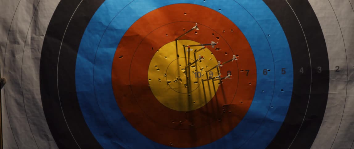 An archery practice paper target pierced by several arrows